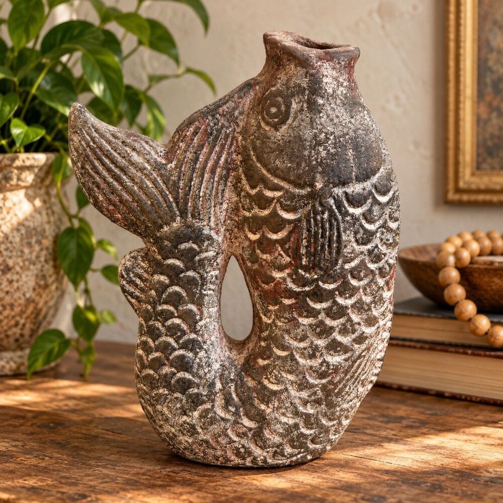 Vintage Studio Pottery Fish Vase Brutalist Primitive Folk Art Ceramic 11.5"